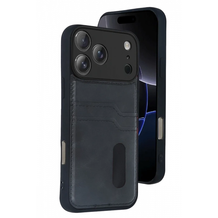 Apple iPhone 17 Pro Sara Kartvizitli Deri Kılıf - Siyah