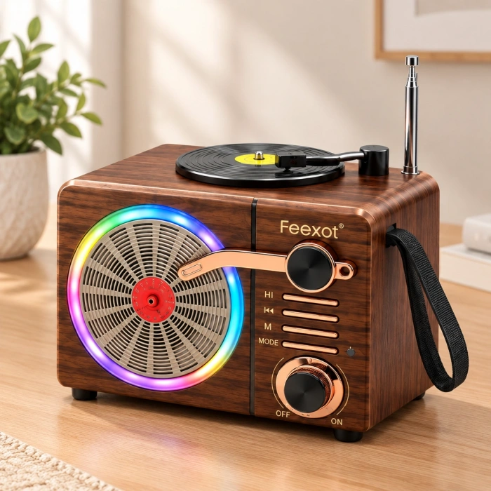 Işıklı Retro Bluetooth FM Radyo Hoparlör - USB & Type-C Şarjlı