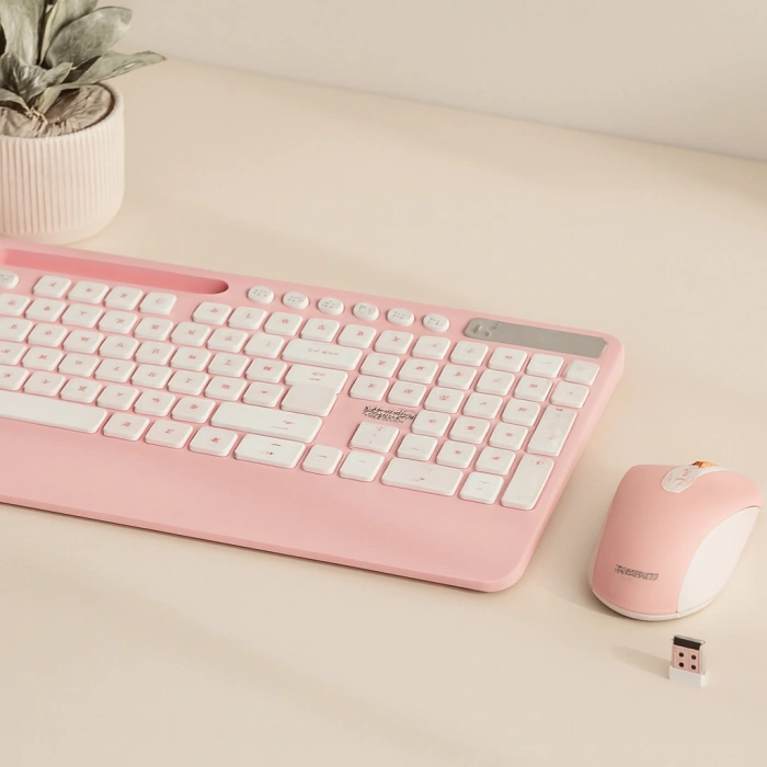 Kablosuz Klavye Mouse Seti - Telefon & Tablet Standlı (Beyaz/Pembe)