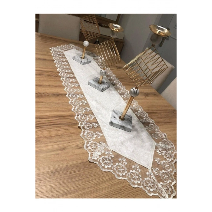 Kadife Dantel Detaylı Krem Runner (140x40cm)