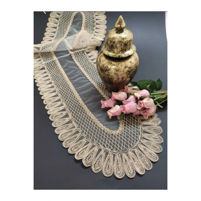 Kadife Detaylı Bej Runner (120x30cm)