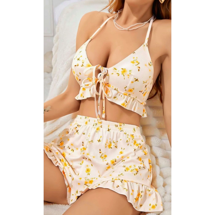 Kadın Çiçekli Ekru Askılı Şortlu Pijama Takım 5017