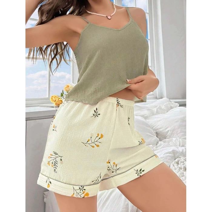 Kadın Ekru Çiçek Baskılı Şortlu Gecelik Pijama Takımı 5099