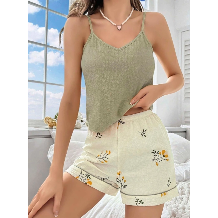 Kadın Ekru Çiçek Baskılı Şortlu Gecelik Pijama Takımı 5099