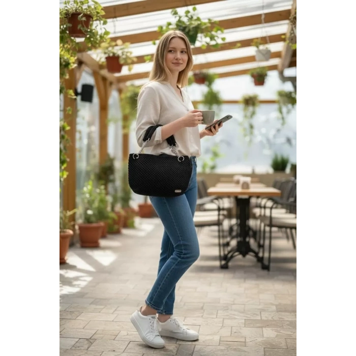 Kadın Hasır Görünümlü El Yapımı Örgü Çanta Omuz Modeli