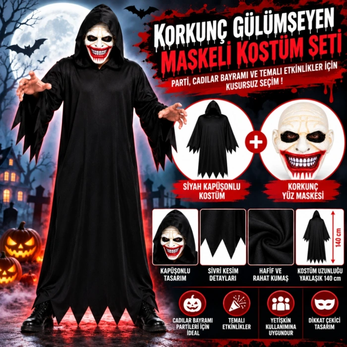Kanlı Gülüş Maskeli Siyah Kapüşonlu Kostüm Seti 140 cm