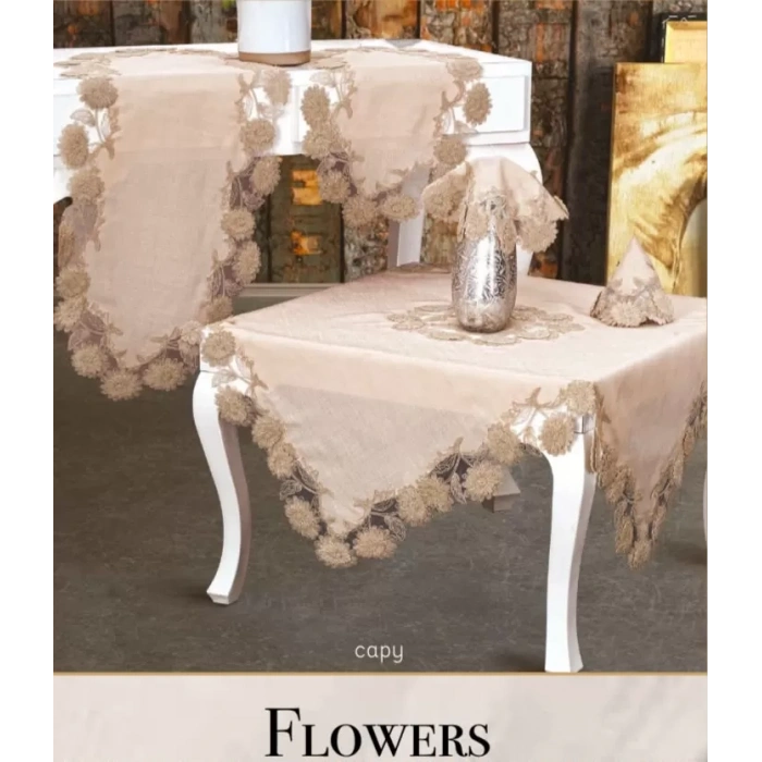 Kapiçino Flowers Model 5 Parça Keten Dantelli Runner Seti Salon Takımı