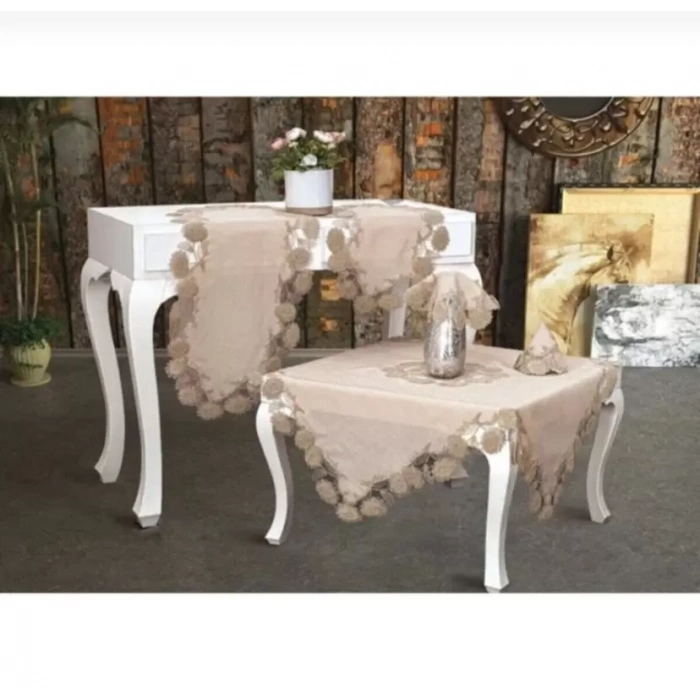 Kapiçino Flowers Model 5 Parça Keten Dantelli Runner Seti Salon Takımı
