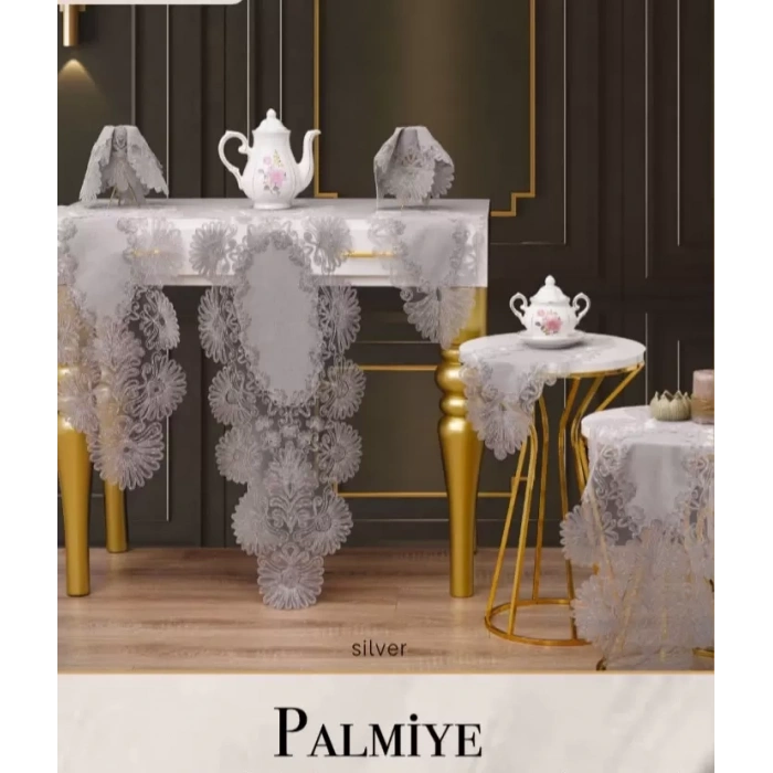 Keten Palmiye Model Gri 7 Parça Runner Seti Masa Örtüsü Salon Takımı
