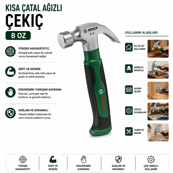 Kısa Çatal Çekiç 8 oz 16 cm Ergonomik Yumuşak Sap