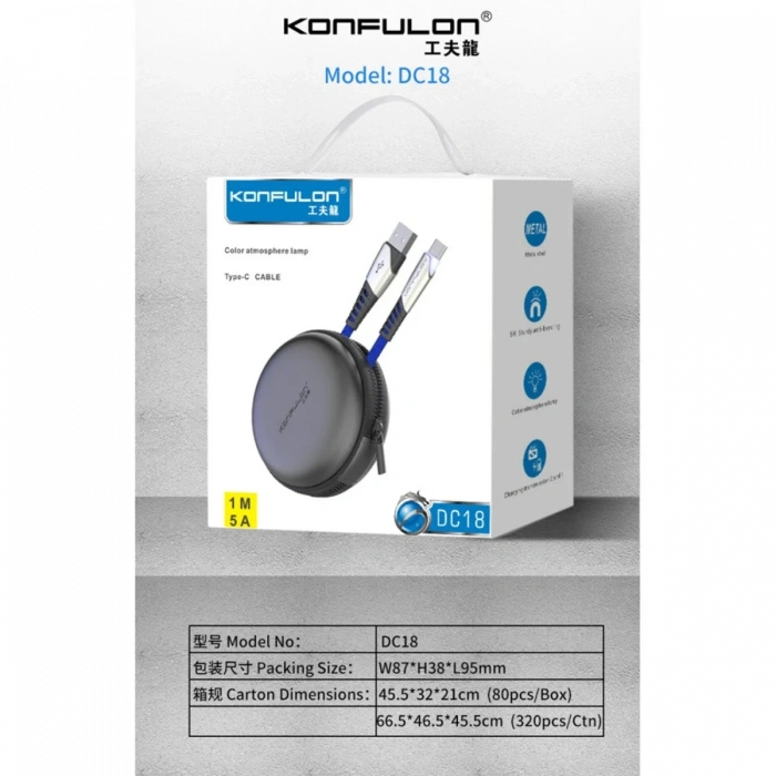 Konfulon DC18 Type-C Kablo 1M 5A - Kırmızı