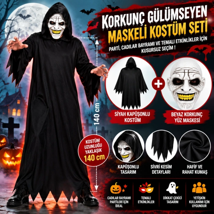 Korkunç Gülümseyen Maskeli Siyah Kapüşonlu Kostüm Seti 140 cm