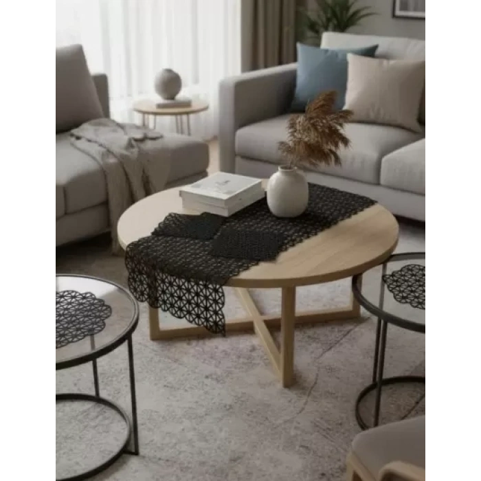 Krem Angles Model 5 Parça Dantel Masa Örtüsü Runner Seti Şık Salon Takımı