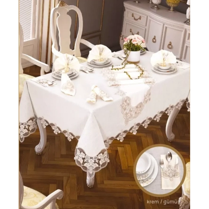 Krem-Gümüş Karanfil Gardenya Keten 26 Parça 160 × 260cm Sofra Takımı