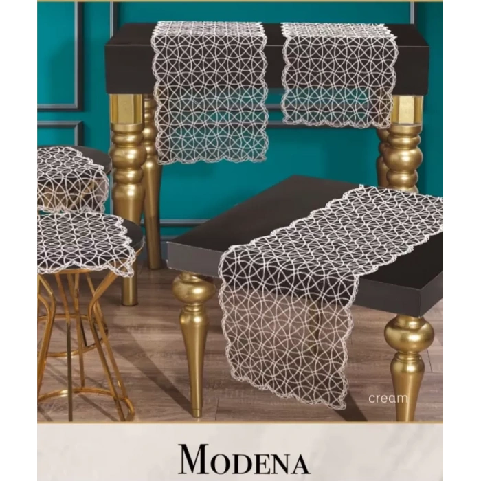 Krem Modena Model 5 Parça Tül İşlemeli Masa Örtüsü Runner Seti No 11242