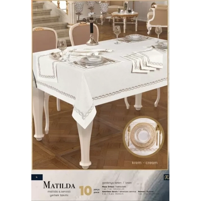 Matilda Amerikan Servisli Krem-Gümüşsimli 8 Kişilik 160 × 260 cm Sofra Takımı