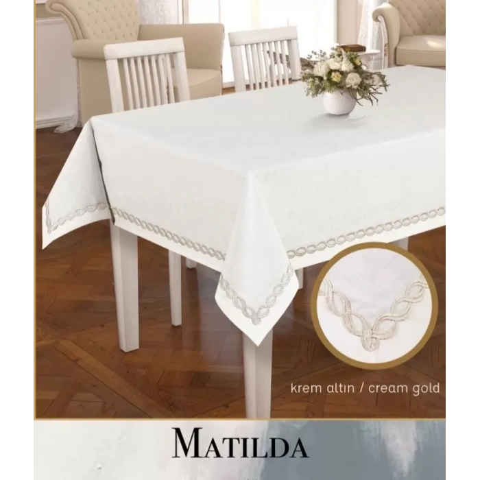 Matilda Krem-Altın 155x220 cm Keten Masa Örtüsü Modern Tablecloth Masa Dekoru
