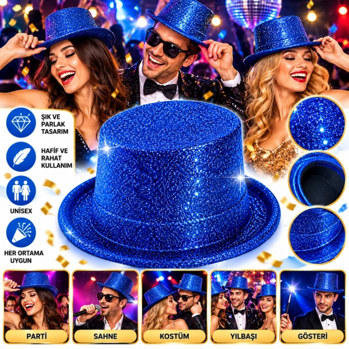 Mavi Simli Glitter Silindir Parti Şapkası