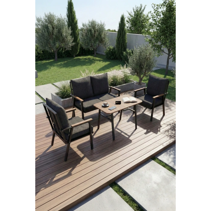 Metal Bahçe Oturma Grubu Minderli Gri 4lü Set