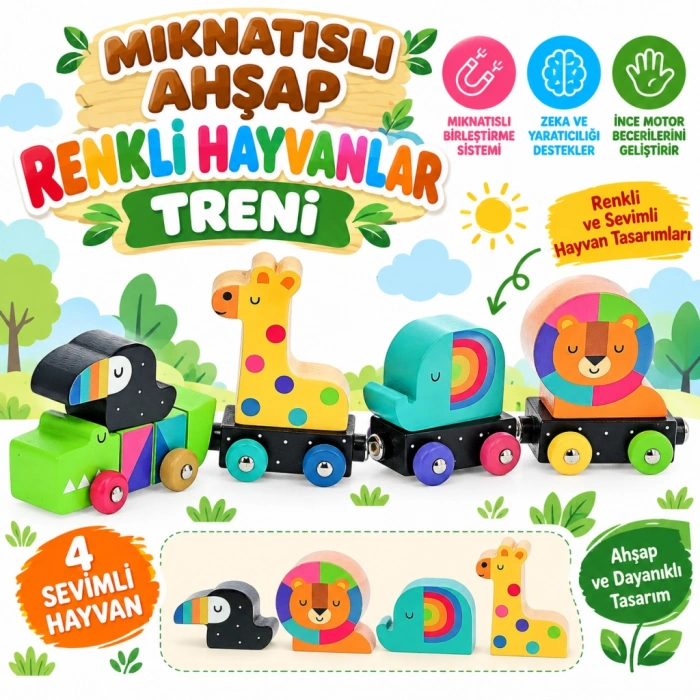Mıknatıslı Ahşap Renkli Hayvanlar Treni