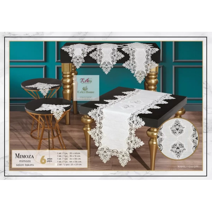 Mimoza Krem Model 5 Parça Dantel Masa Örtüsü Runner Seti Salon Takımı