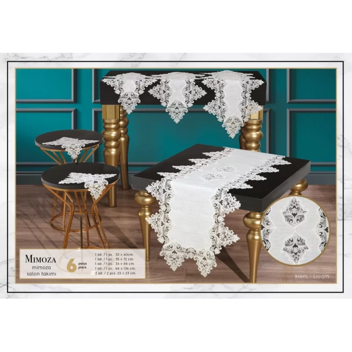 Mimoza Model Krem 5 Parça Dantel Masa Örtüsü Runner Seti Salon Takımı No 666