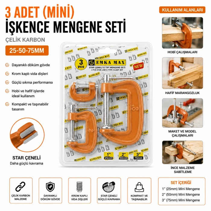 Mini Mengene Seti 3lü (25-50-75 mm) Karbon Çelik