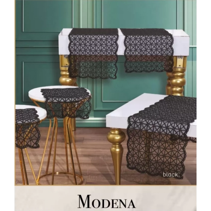 Modena Model Siyah 5 Parça Tül İşlemeli Salon Takımı Masa Örtüsü Runner Seti