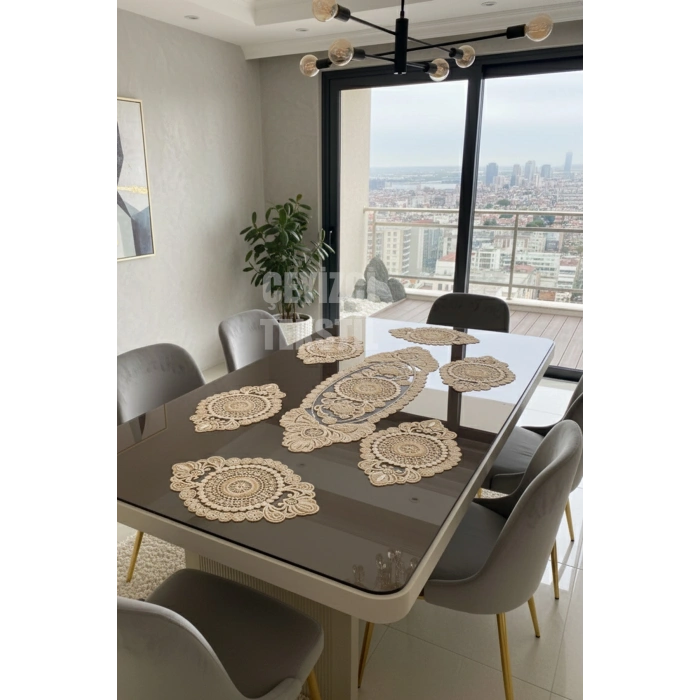 Modern Amerikan Servis Supla Runner Takımı 6 Kişilik - Kahve
