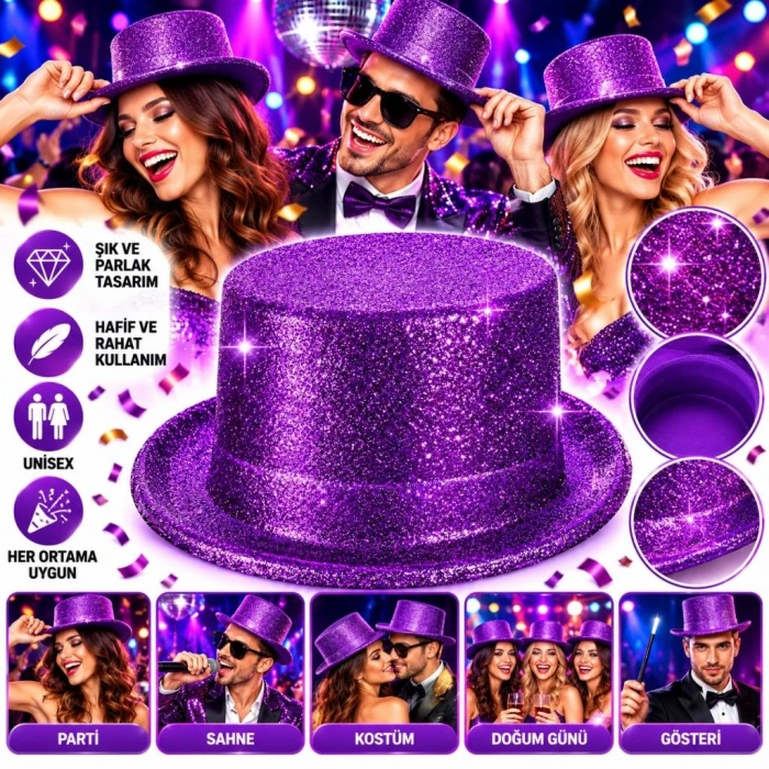 Mor Simli Glitter Silindir Parti Şapkası