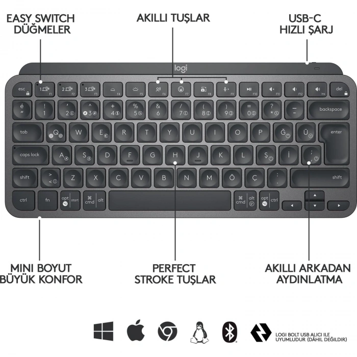 MX KEYS MINI MINIMALIST KABLOSUZ BLUETOOTH AYDINLATMALI Q TR KLAVYE SİYAH 920-010504
