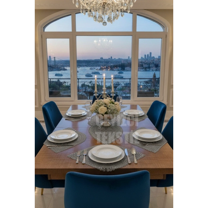 Nakışlı Supla Runner Seti Modern Amerikan Servis Takımı 6 Kişilik Set Gri