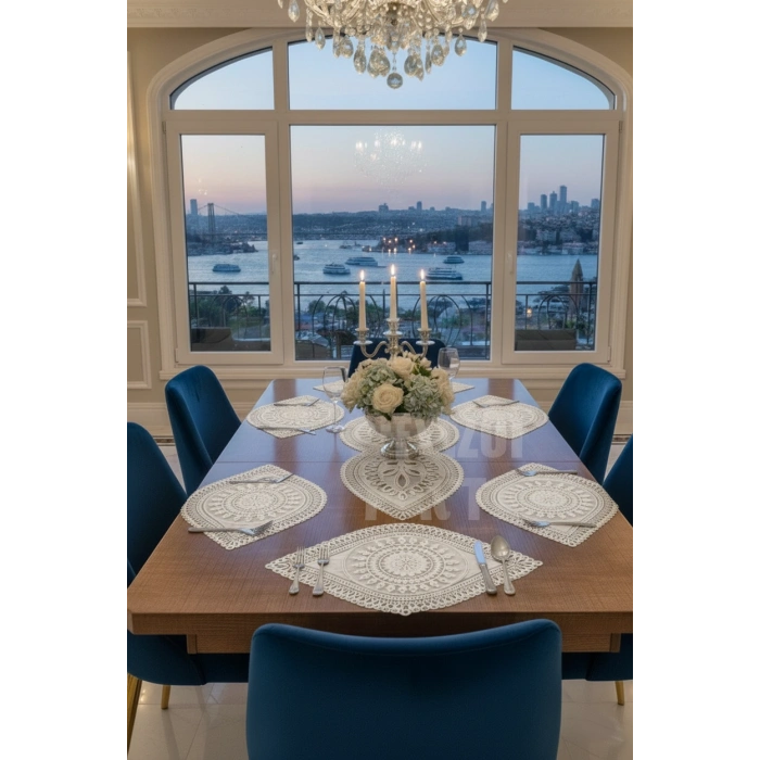 Nakışlı Supla Runner Seti Modern Amerikan Servis Takımı 6 Kişilik Set Krem
