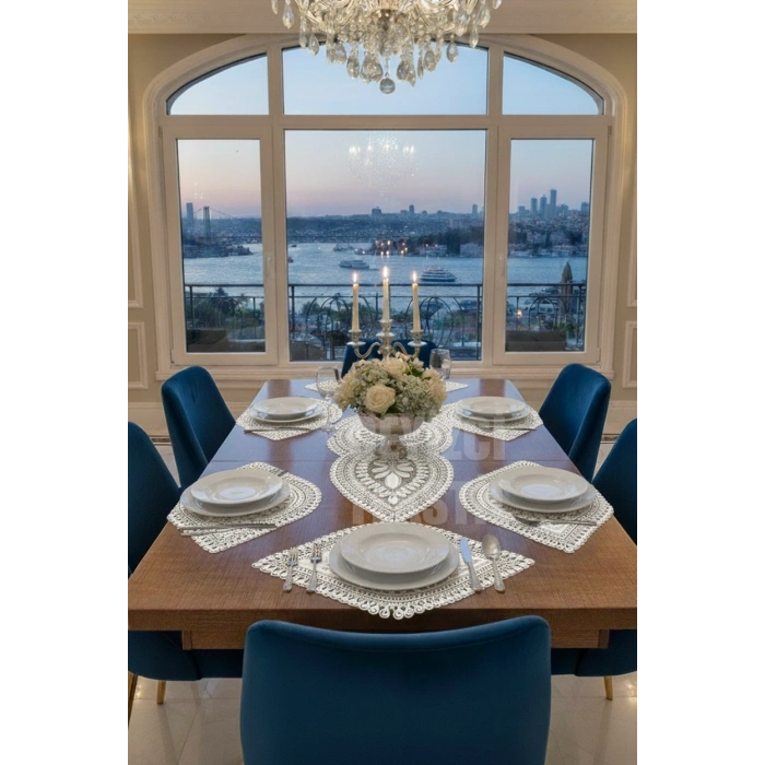 Nakışlı Supla Runner Seti Modern Amerikan Servis Takımı 6 Kişilik Set Krem