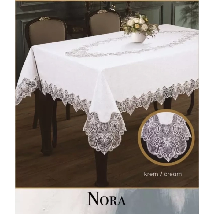 Nora Model Krem-Krem 155x260 cm Keten Masa Örtüsü Tablecloth Şık Ev Dekoru