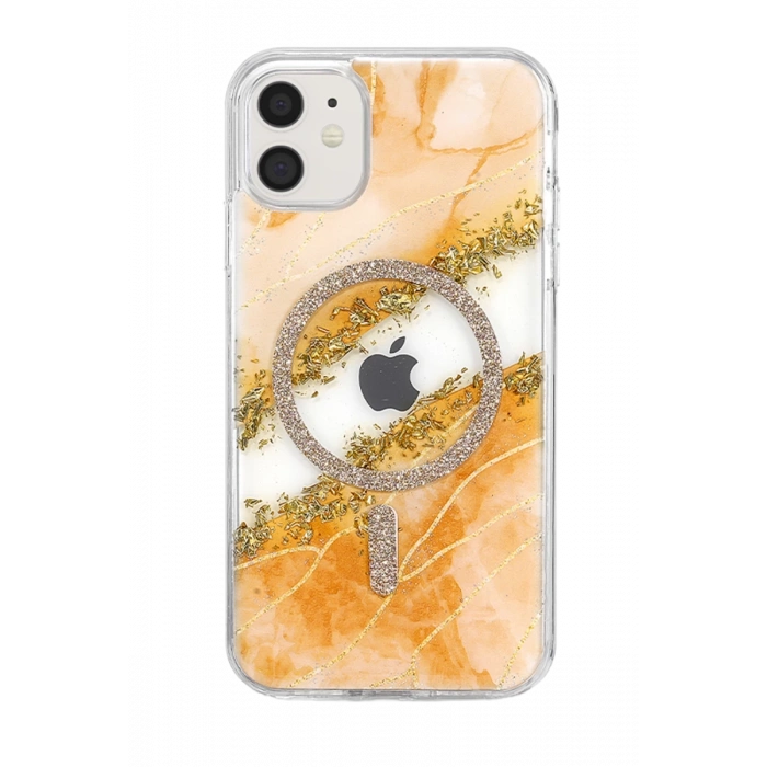 Onegif Apple iPhone 11 Uyumlu Lotus Simli Magsafe Kapak - Turuncu