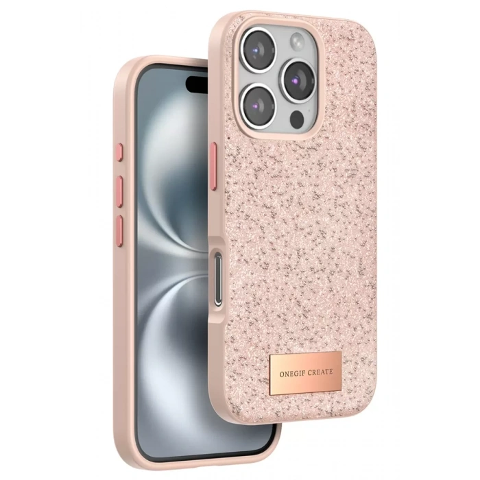 Onegif Apple iPhone 16 Pro Max Uyumlu Bright Simli Kapak - Pembe