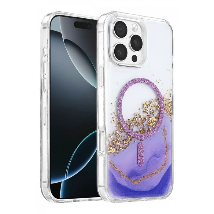 Onegif Apple iPhone 16 Pro Max Uyumlu Lotus Simli Magsafe Kapak - Mor