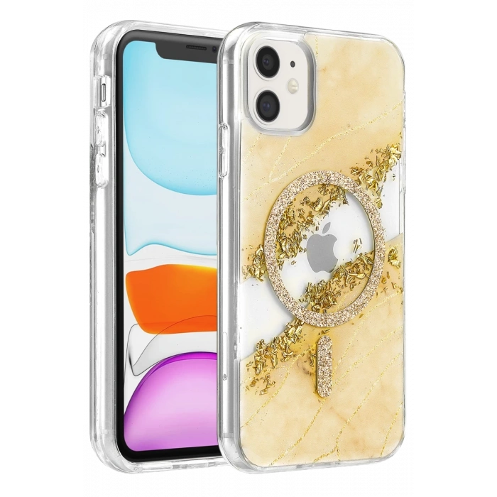 Onegif Apple iPhone 11 Lotus Simli Magsafe Kapak - Gümüş