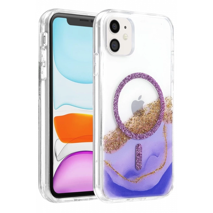 Onegif Apple iPhone 11 Lotus Simli Magsafe Kapak - Mor