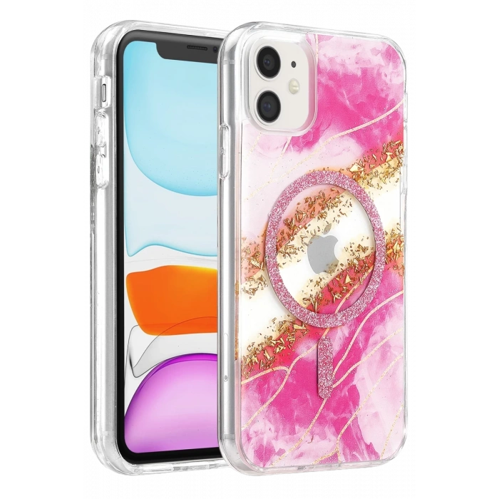 Onegif Apple iPhone 11 Lotus Simli Magsafe Kapak - Pembe
