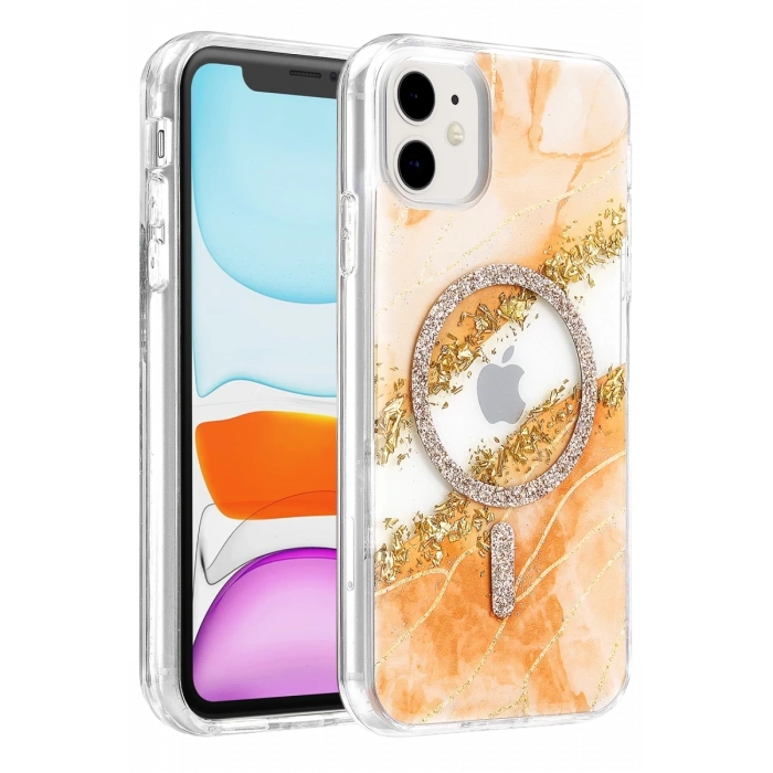 Onegif Apple iPhone 11 Lotus Simli Magsafe Kapak - Turuncu