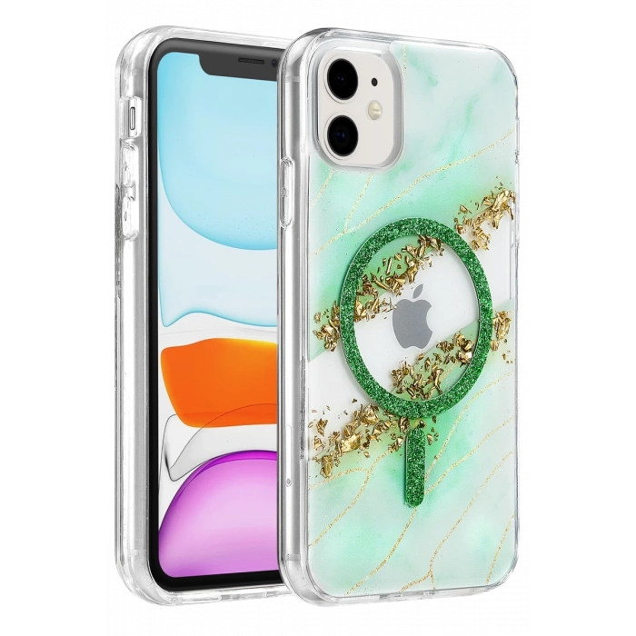 Onegif Apple iPhone 11 Lotus Simli Magsafe Kapak - Yeşil