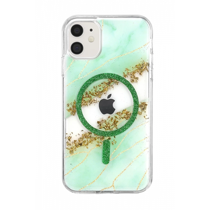 Onegif Apple iPhone 11 Lotus Simli Magsafe Kapak - Yeşil