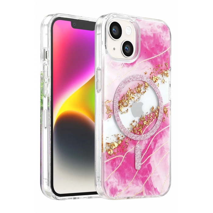 Onegif Apple iPhone 14 Lotus Simli Magsafe Kapak - Pembe
