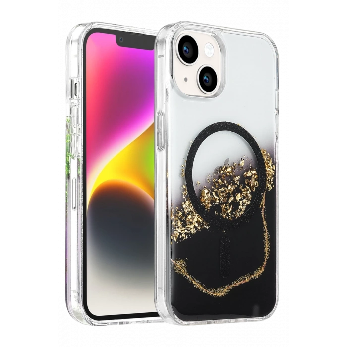 Onegif Apple iPhone 14 Lotus Simli Magsafe Kapak - Siyah
