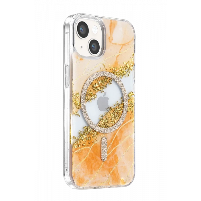 Onegif Apple iPhone 14 Lotus Simli Magsafe Kapak - Turuncu