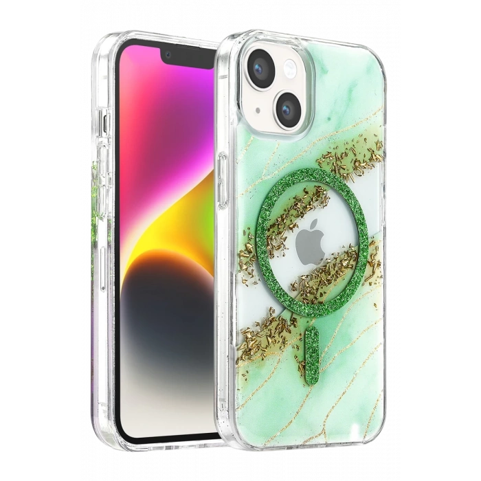 Onegif Apple iPhone 14 Lotus Simli Magsafe Kapak - Yeşil