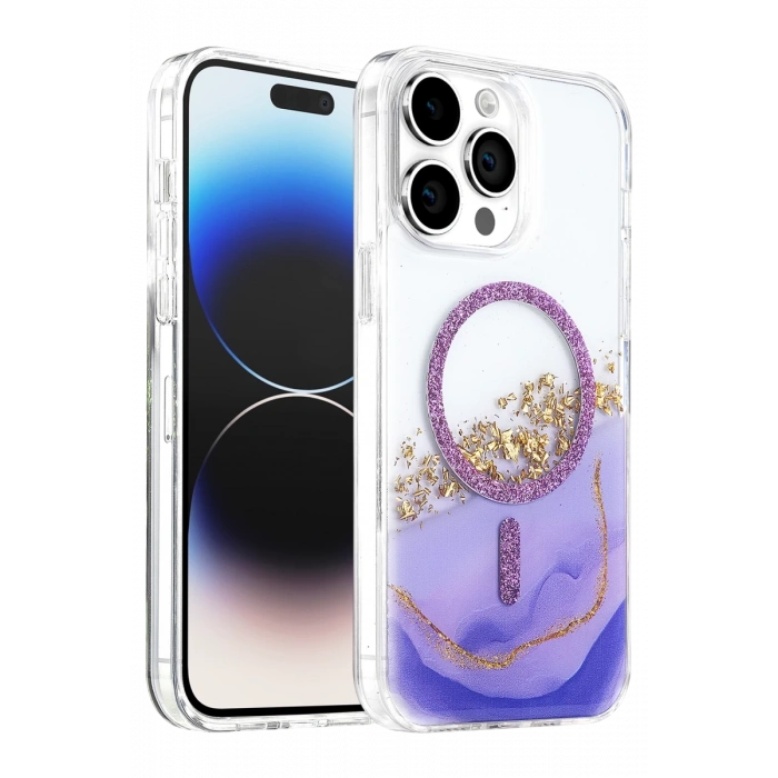 Onegif Apple iPhone 14 Pro Max Lotus Simli Magsafe Kapak - Mor