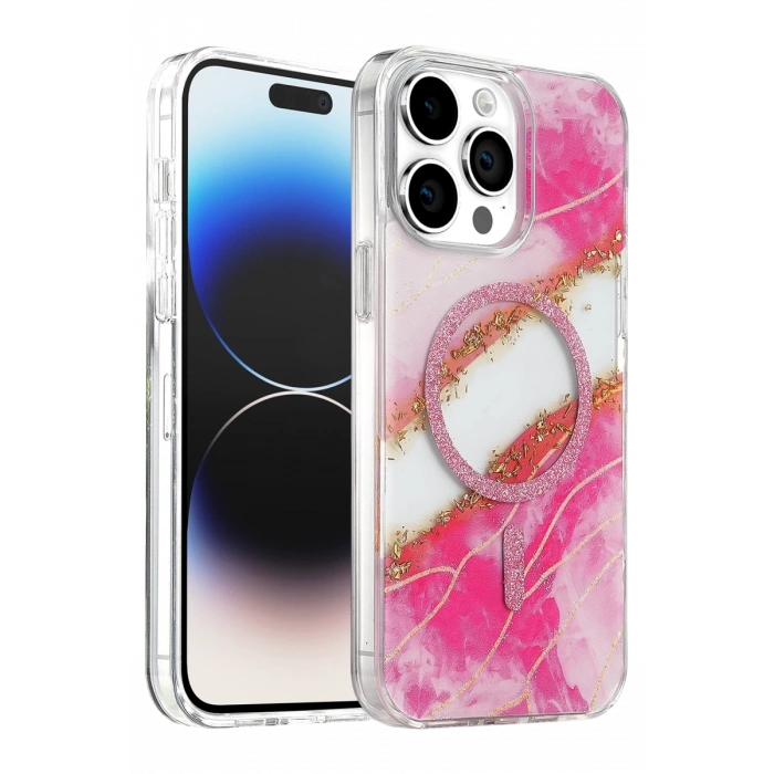 Onegif Apple iPhone 14 Pro Max Lotus Simli Magsafe Kapak - Pembe
